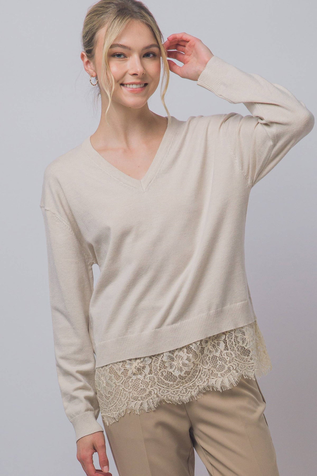 Lace Hem V-Neck Sweater