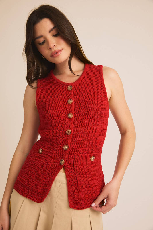 Crimson Cozy Button-Down Sweater Vest