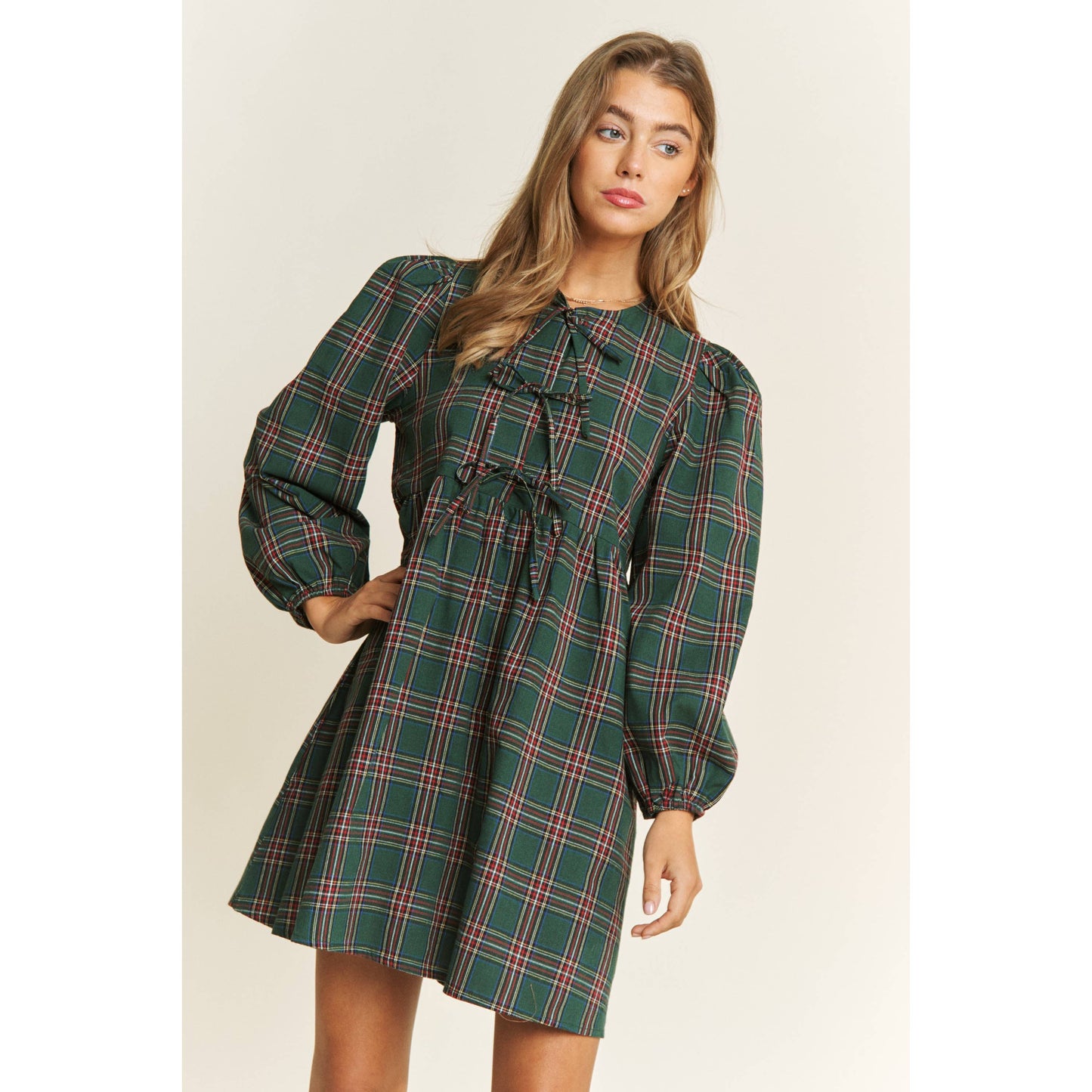 Soft Plaid Woven Babydoll Bow Mini Dress