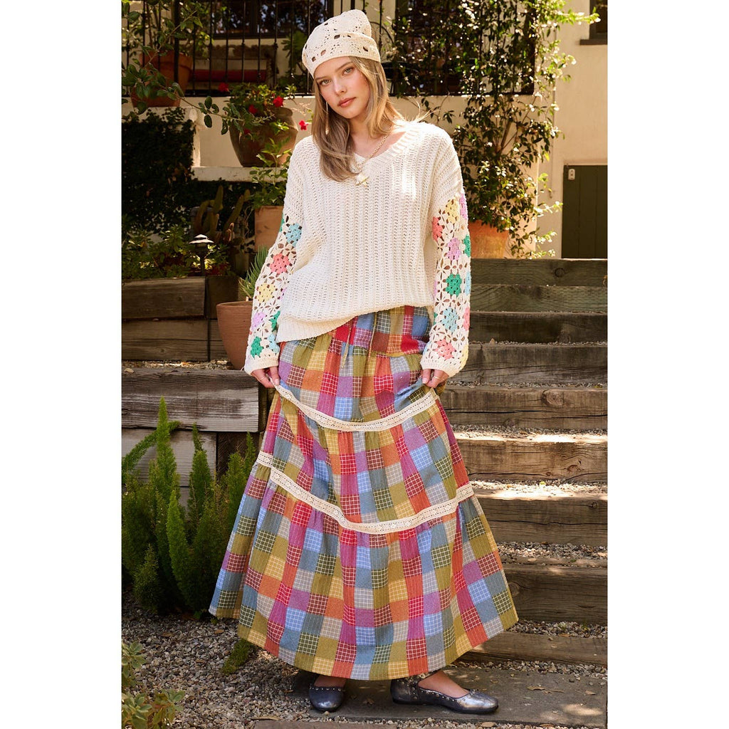 Multicolor Plaid Tiered Maxi Skirt