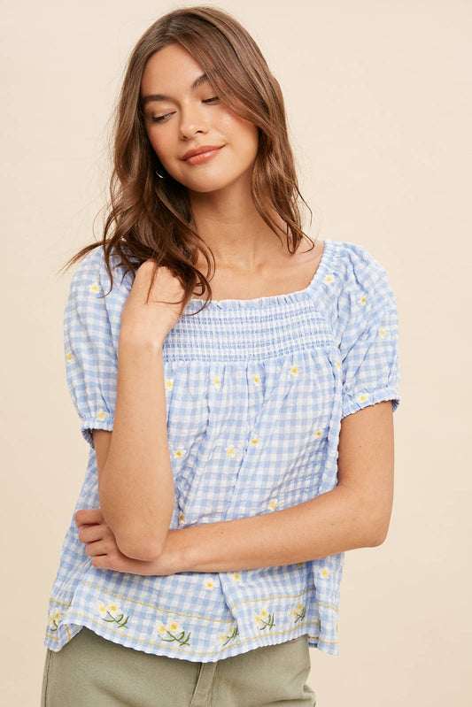 Gingham Embroidered Smock Blouse