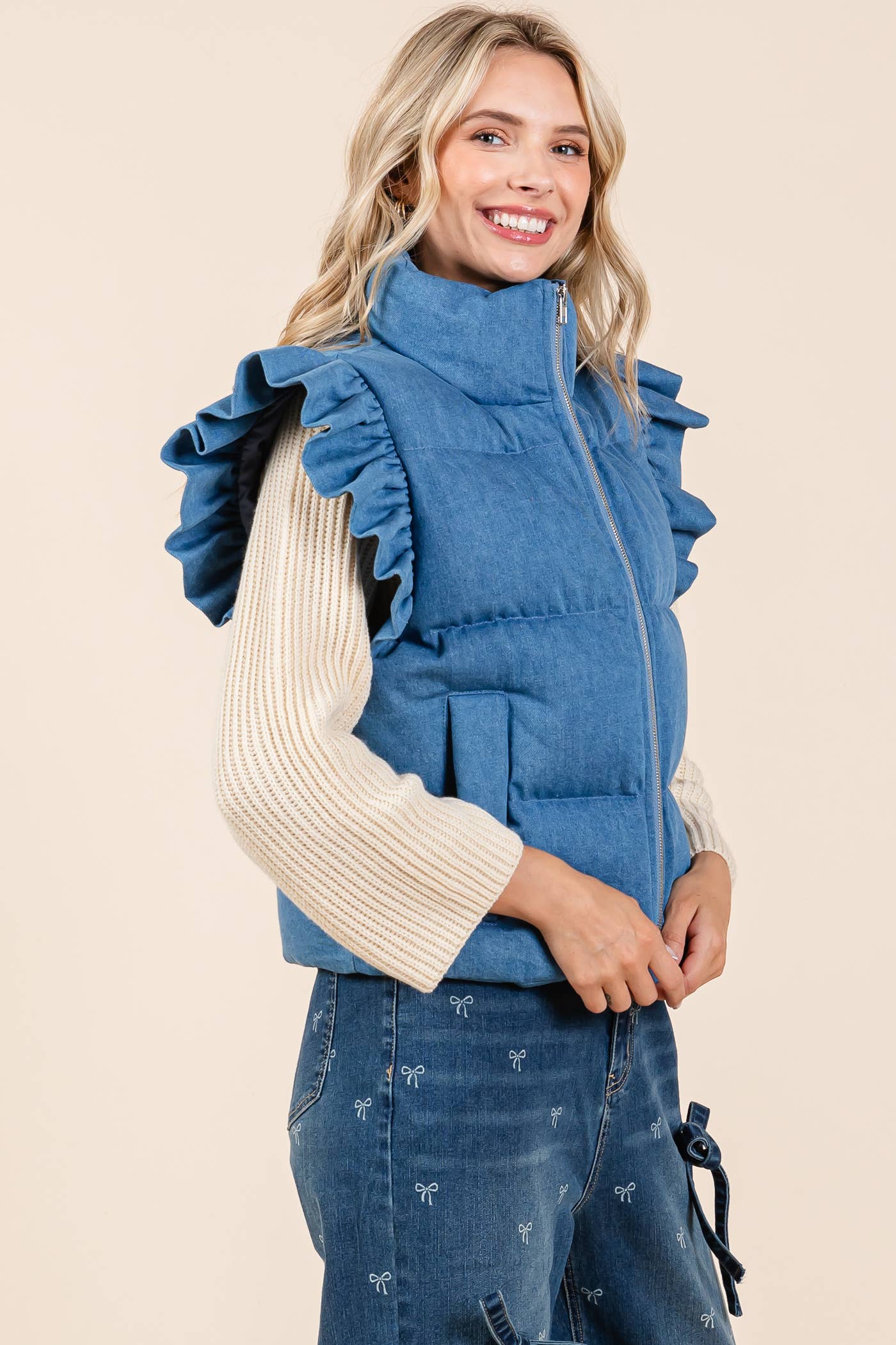 Dani Denim Ruffle Trim Puffer Vest