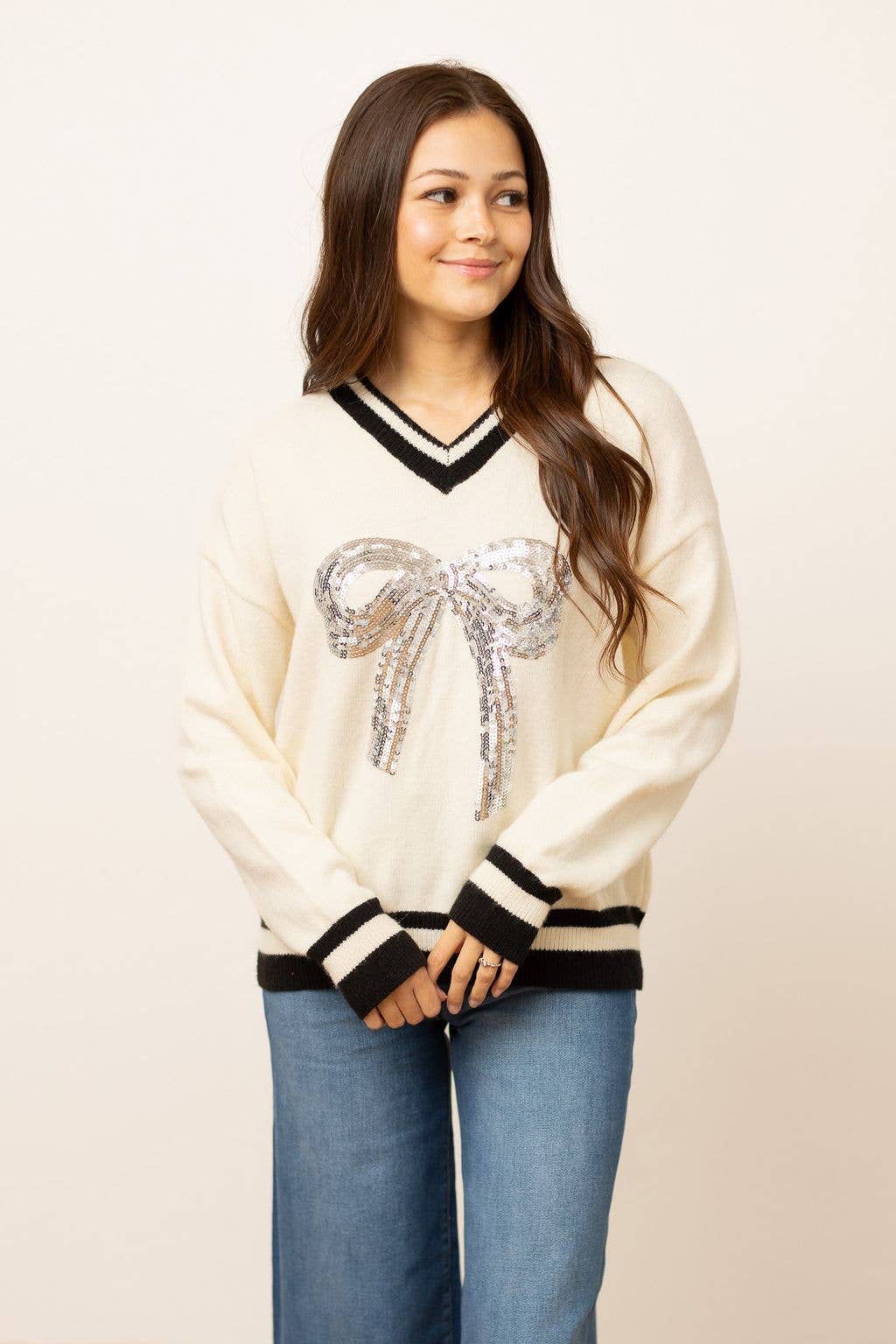 Silver Sequin Bow Sweater