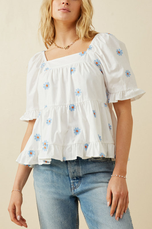 Daisy Embroidered Peplum Top