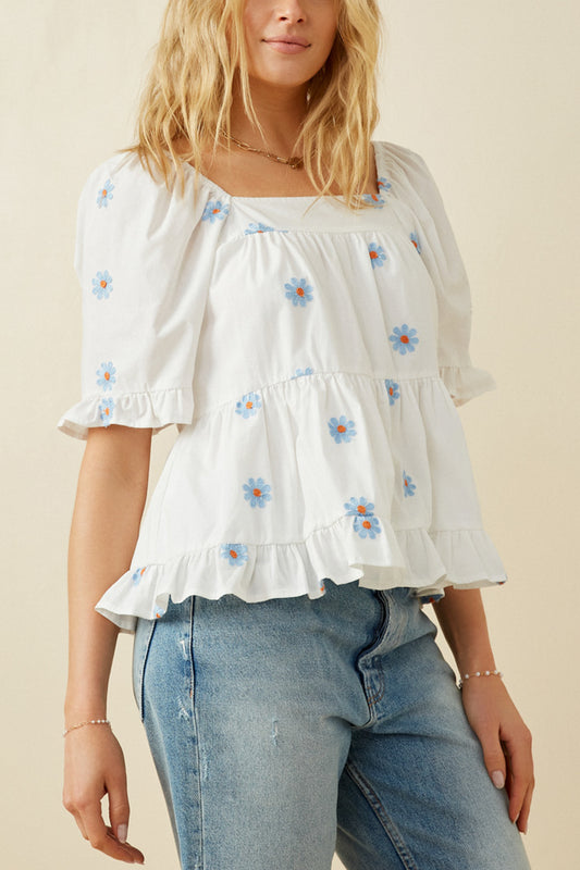Daisy Embroidered Peplum Top