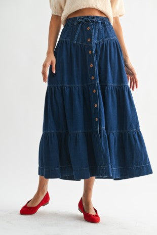 Denim Tiered Maxi Skirt