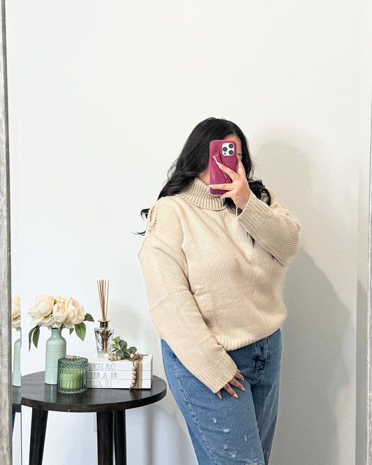 Turtleneck Pearled Knit Sweater