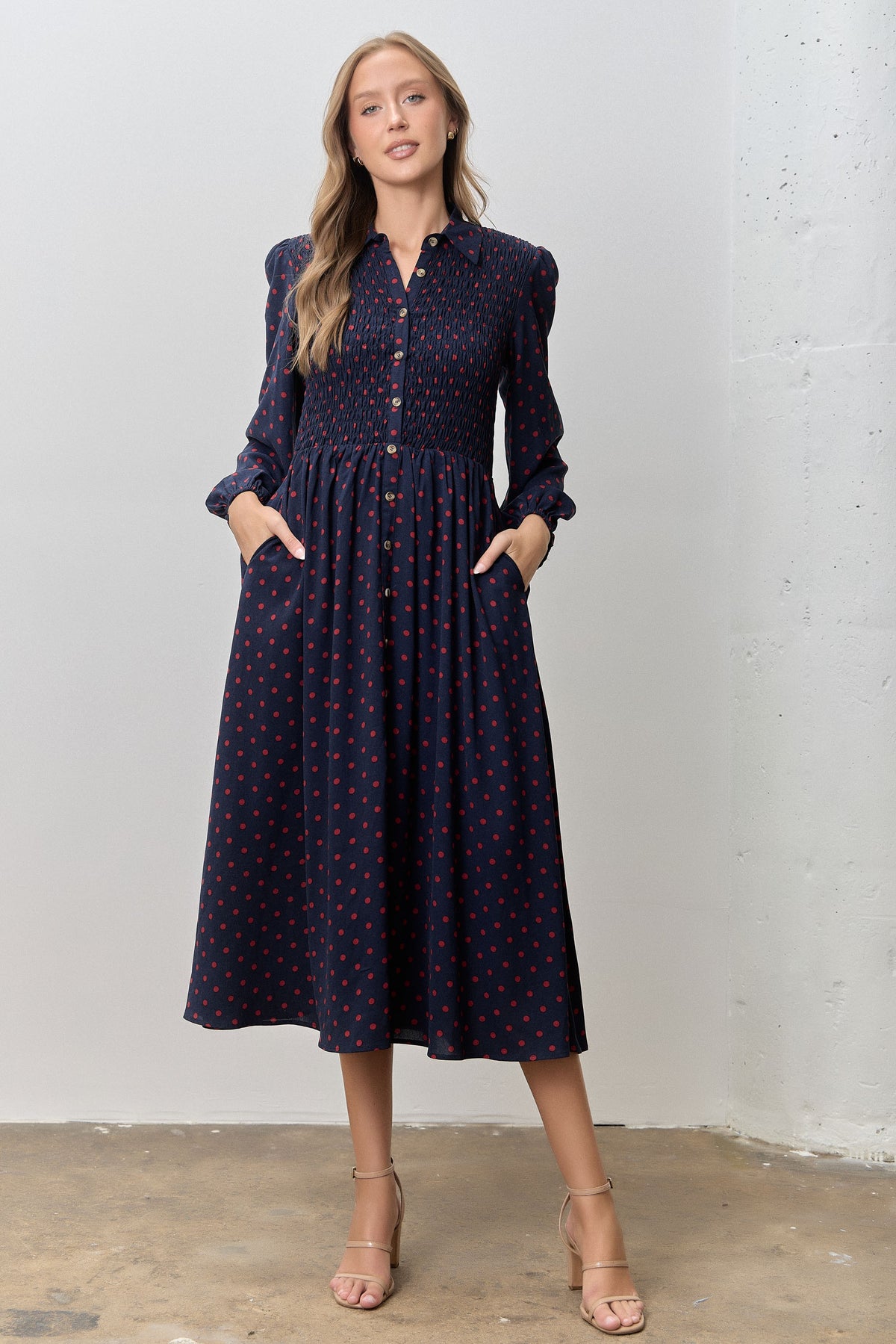 Eliana Polka Dot Smocked Bodice Dress