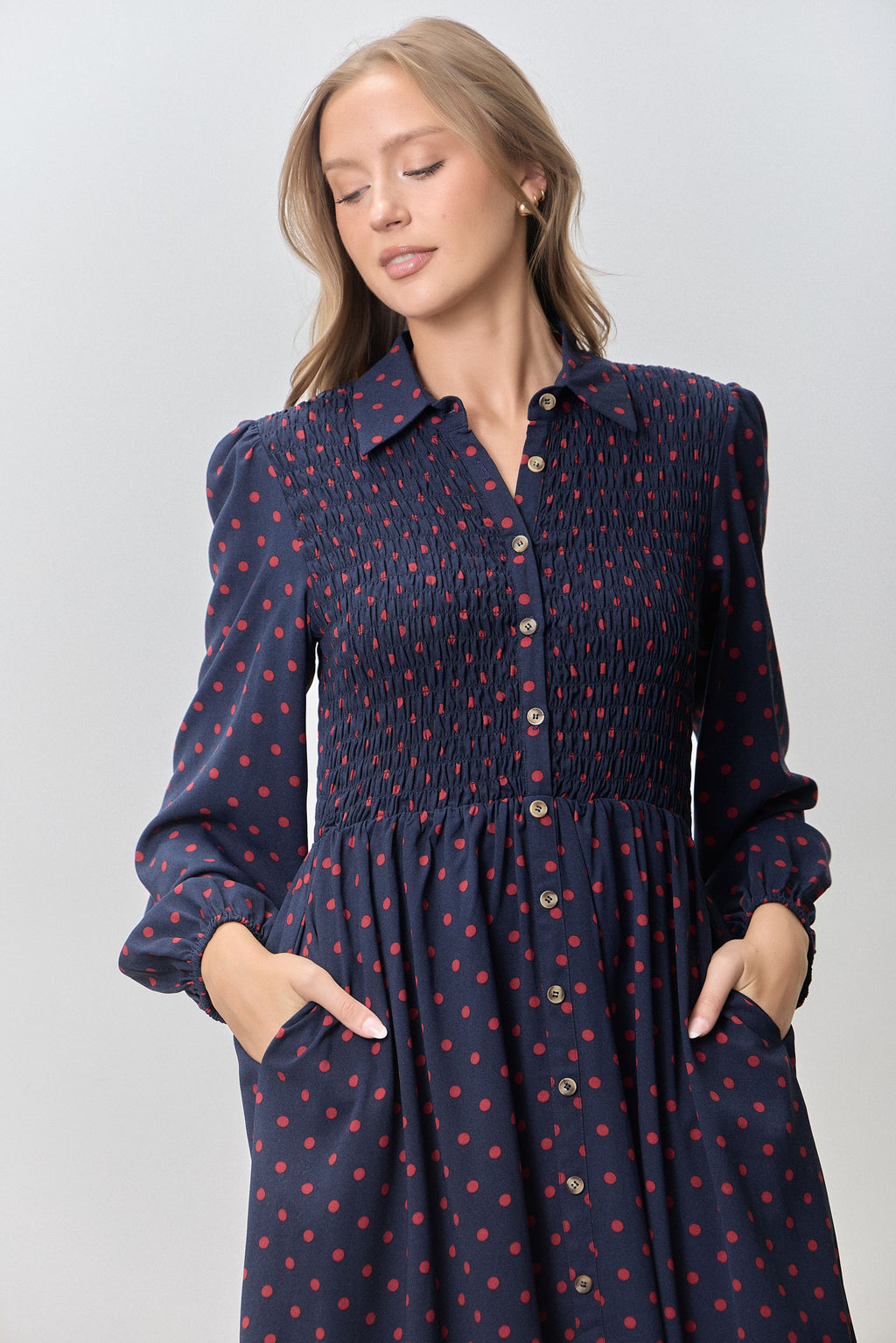 Eliana Polka Dot Smocked Bodice Dress