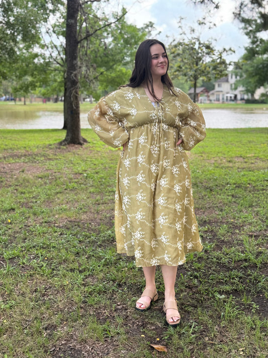 Anaya Embroidered Long Sleeve Midi Dress