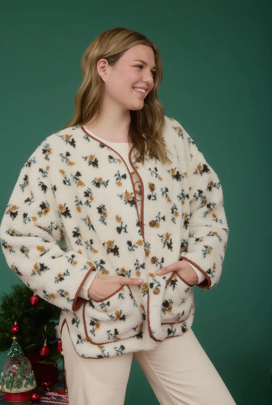 Floral Print Sherpa Jacket