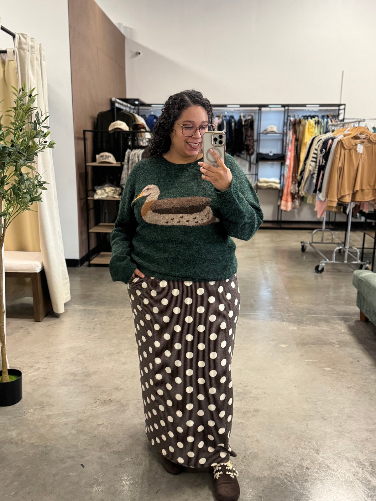 Polka Dot Ribbed Drawstring Midi Skirt