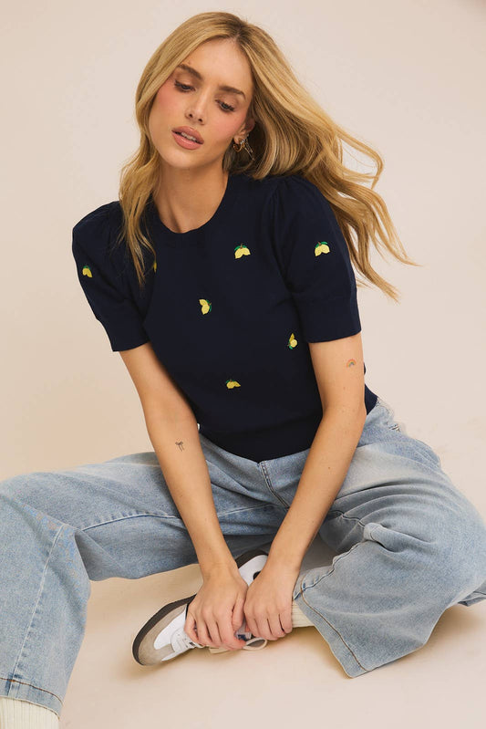 Lemon Blossom Embroidered Knit Top