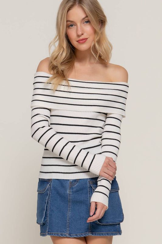 Long Sleeve Off Shoulder Stripe Sweater