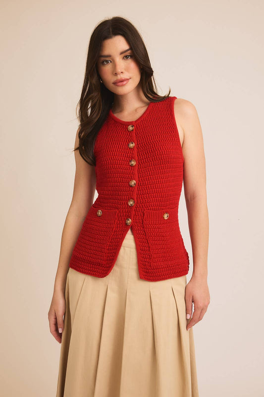 Crimson Cozy Button-Down Sweater Vest