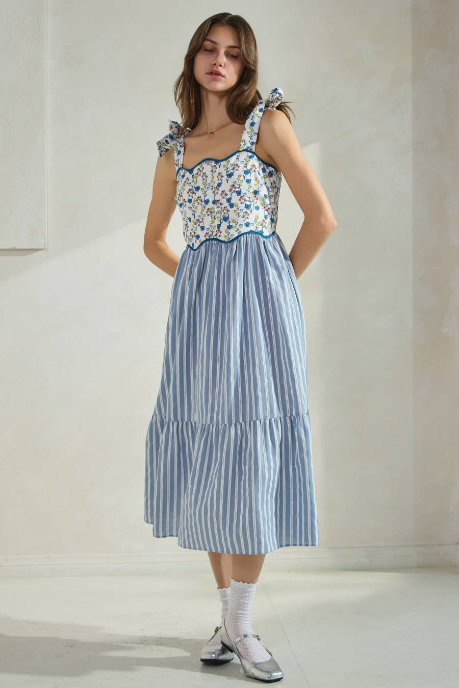 Elara Floral Stripe Midi Dress