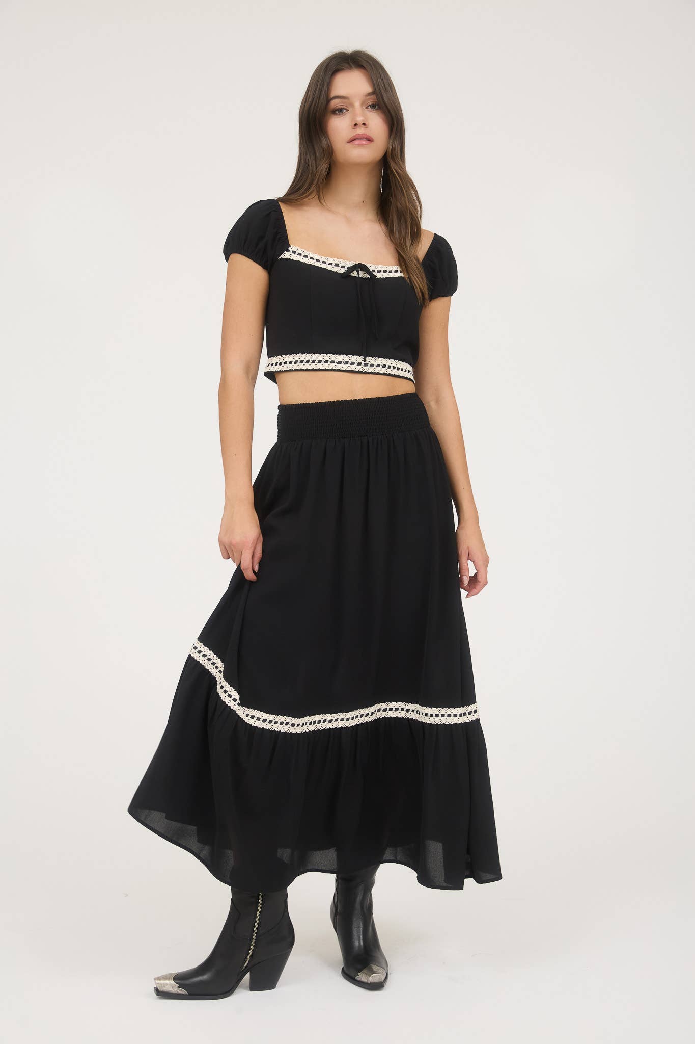 Contrast Lace Trim Midi Skirt