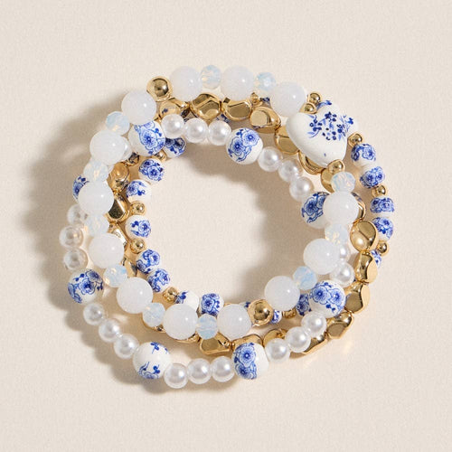 Blue Floral Beaded Bracelet Set