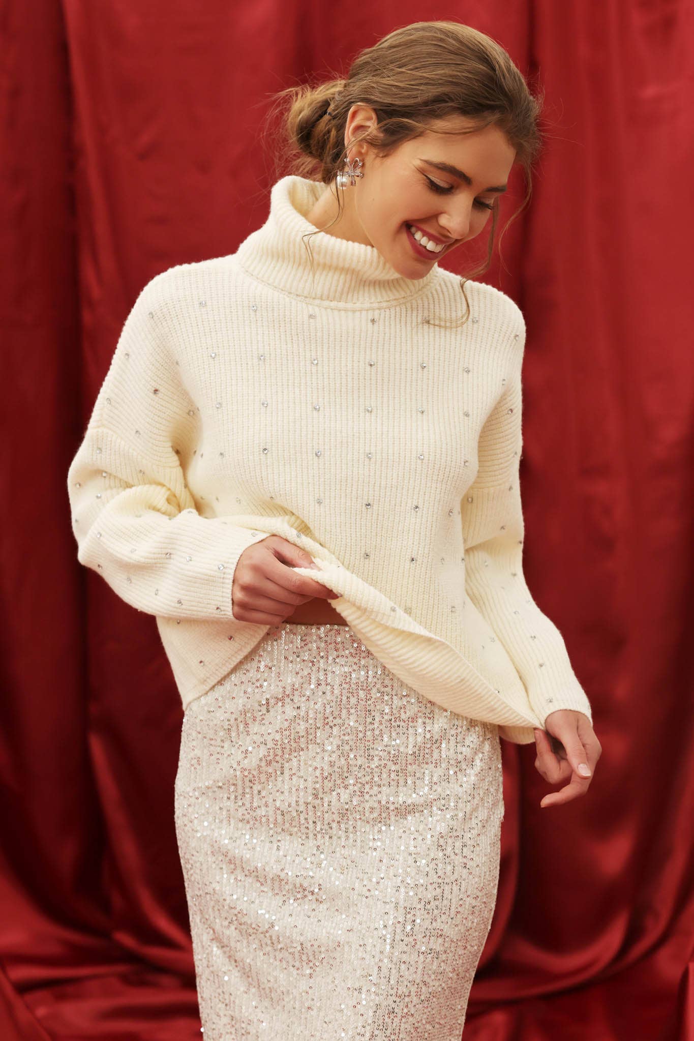 Rhinestone Turtleneck Knit Pullover Sweater