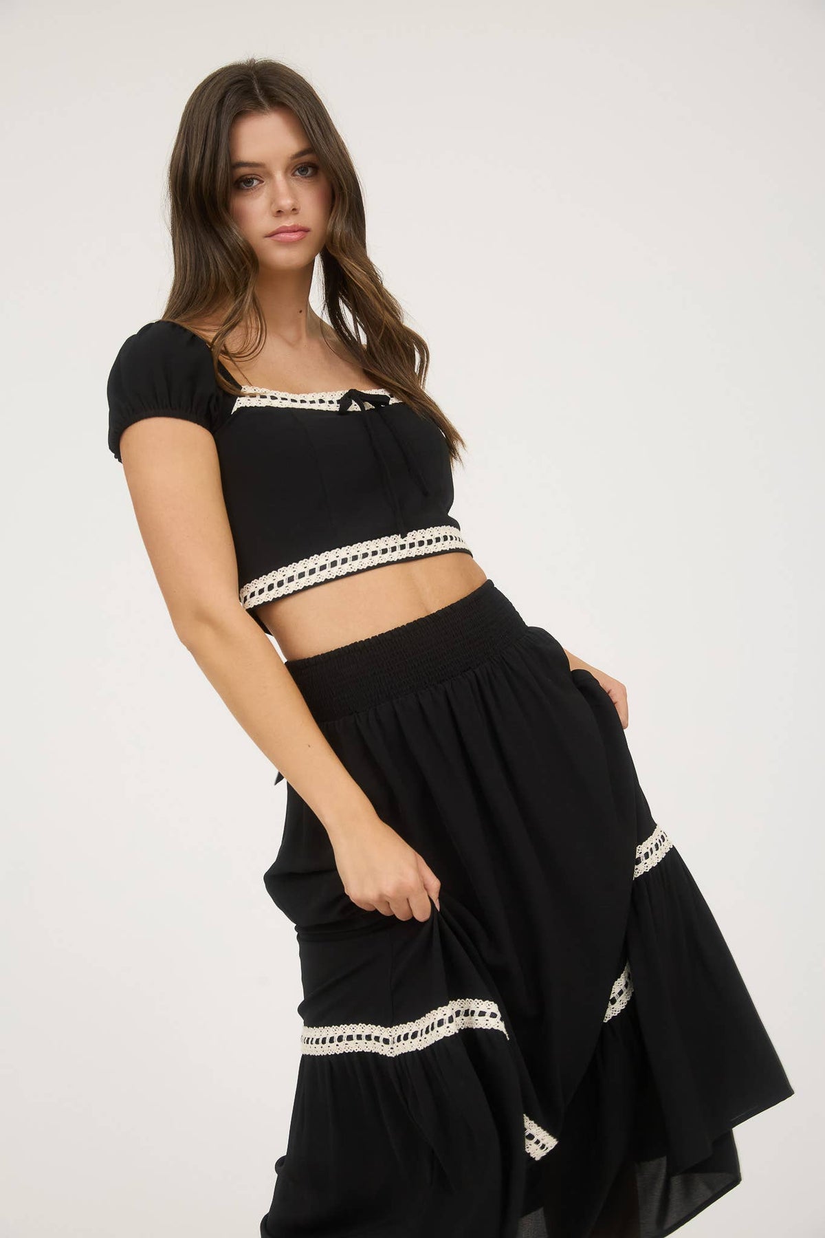 Contrast Lace Trim Midi Skirt
