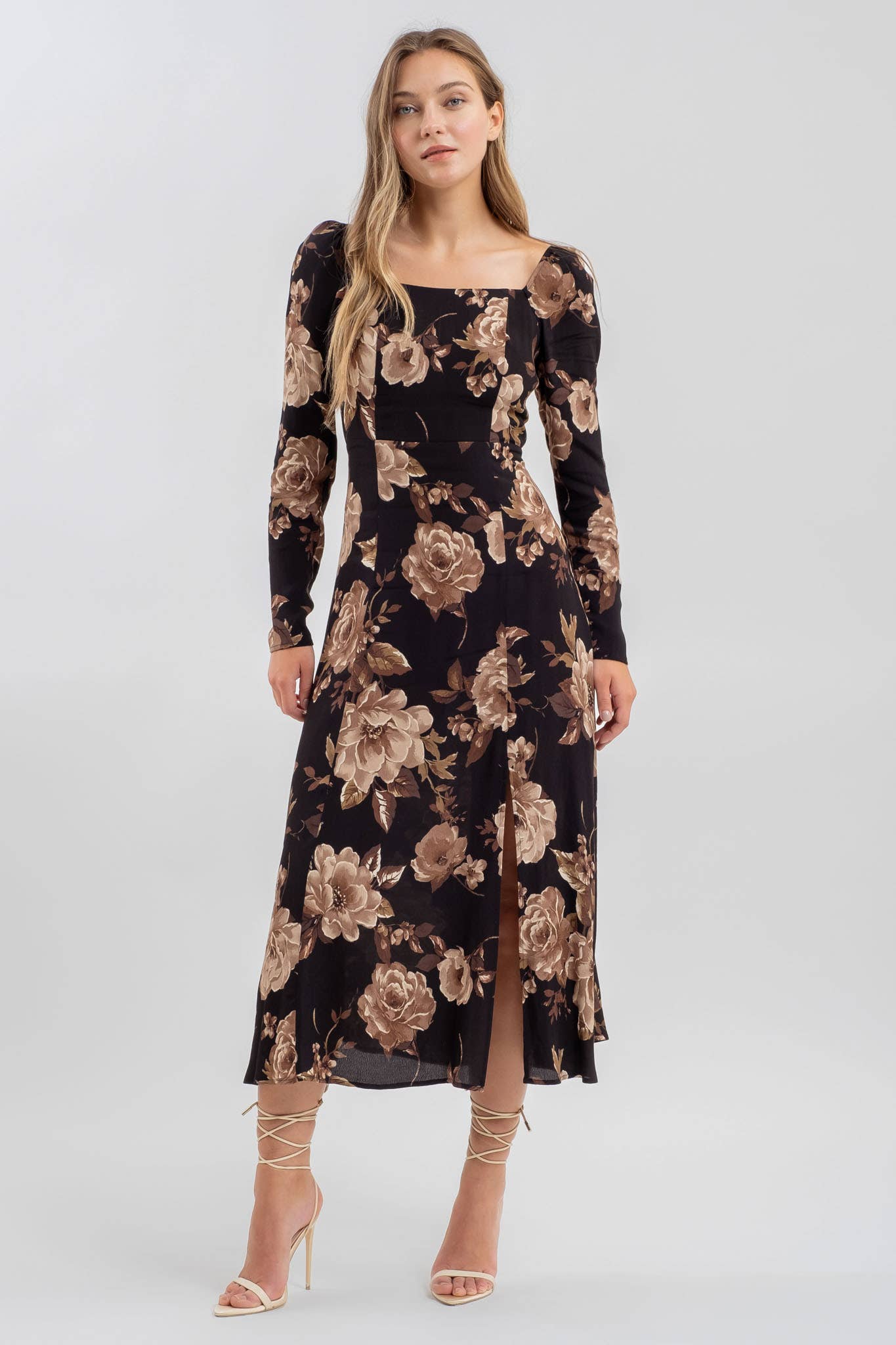 Fae Floral Square Neck Long Sleeve Midi Dress