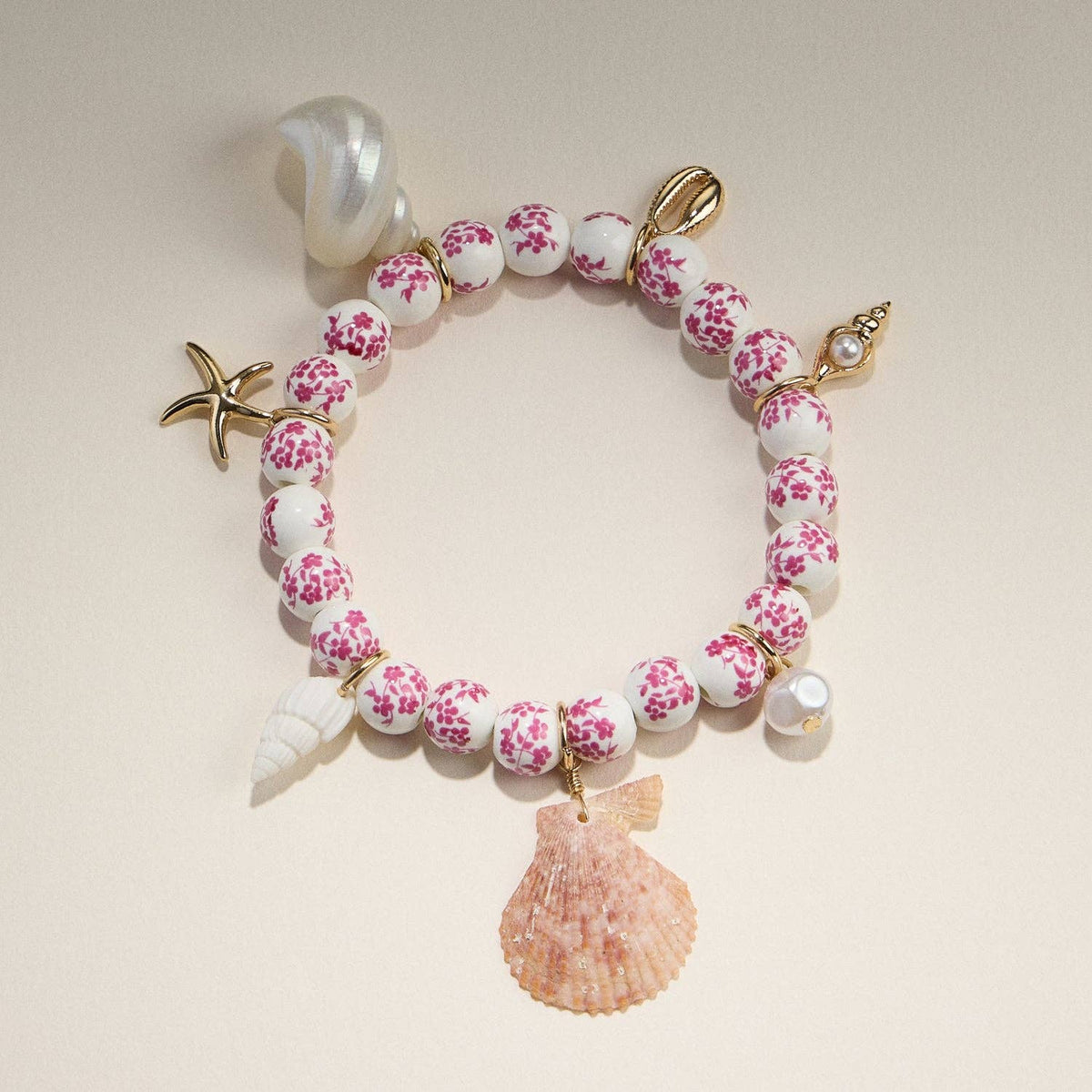 Floral Beaded Seashell Charm Bracelet