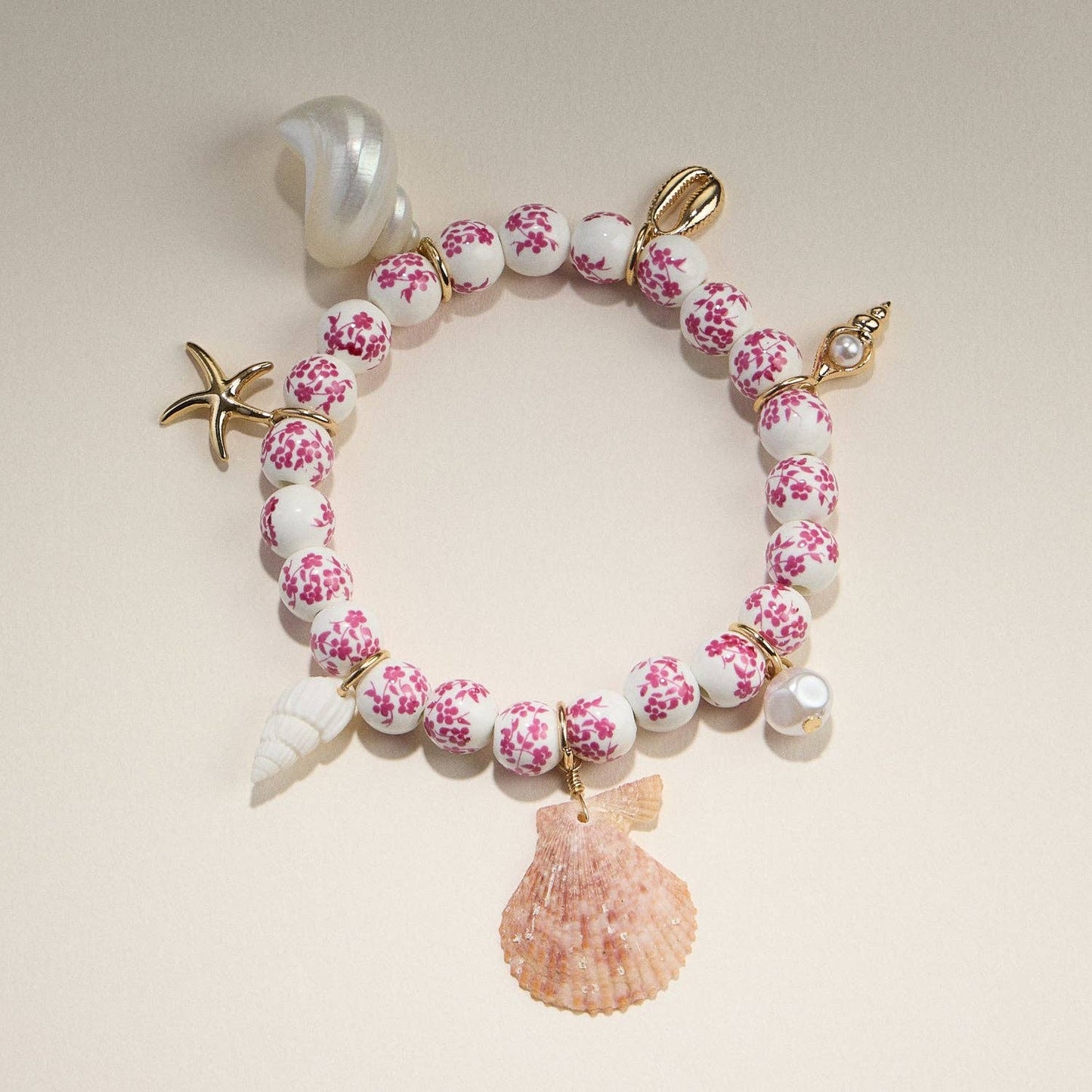 Floral Beaded Seashell Charm Bracelet