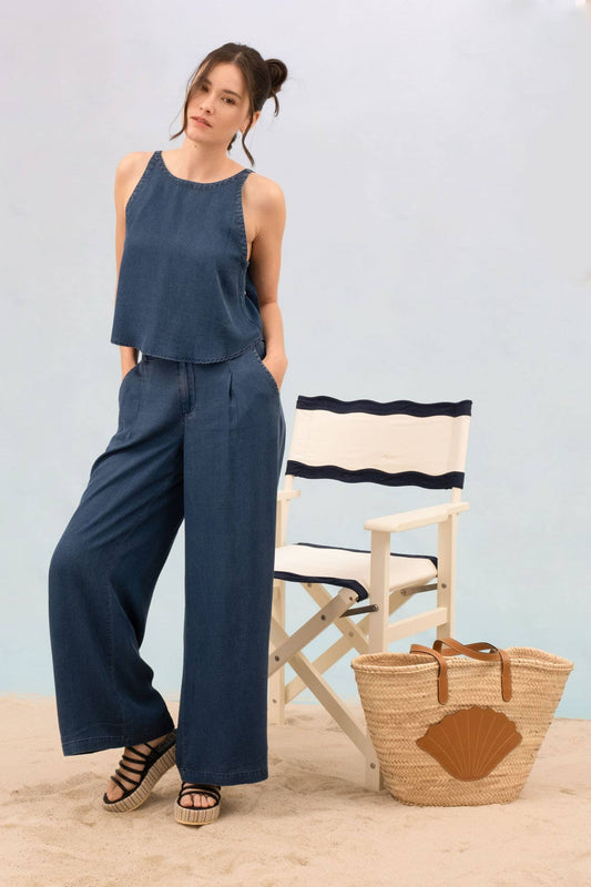 Self-Tie Bow Chambray Top