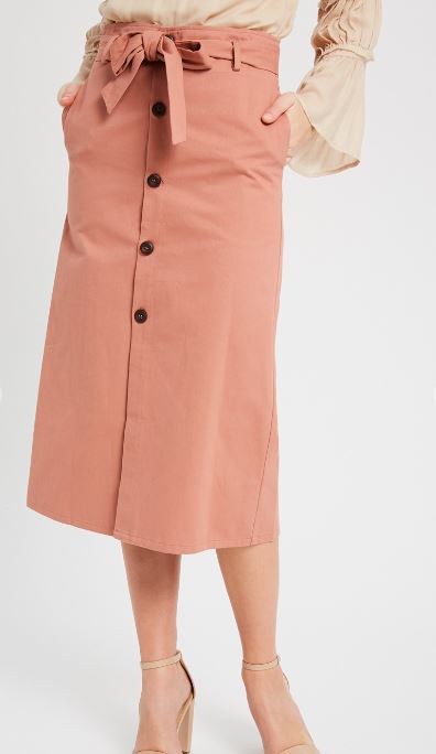 Button Down Waist Tie Midi Skirt