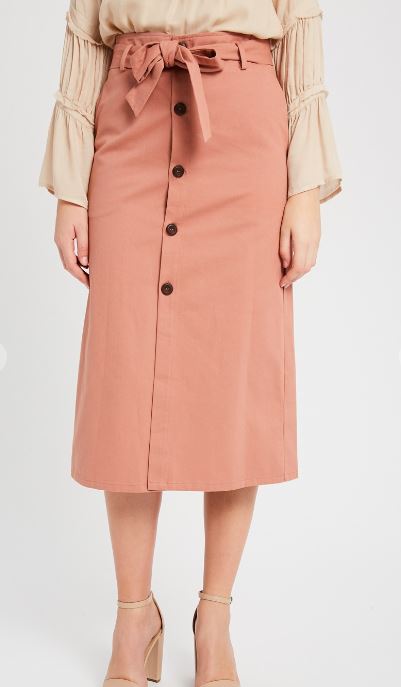 Button Down Waist Tie Midi Skirt