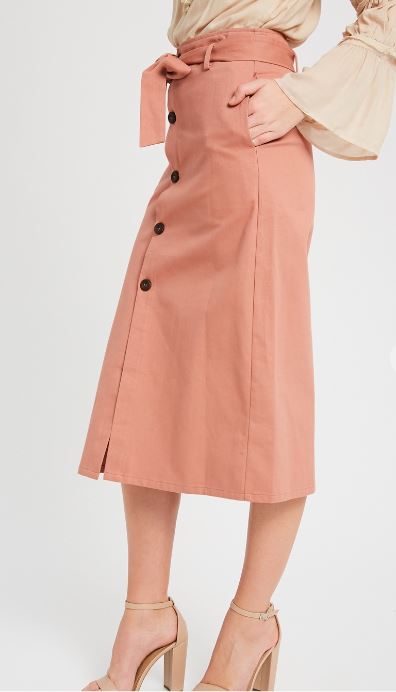 Button Down Waist Tie Midi Skirt