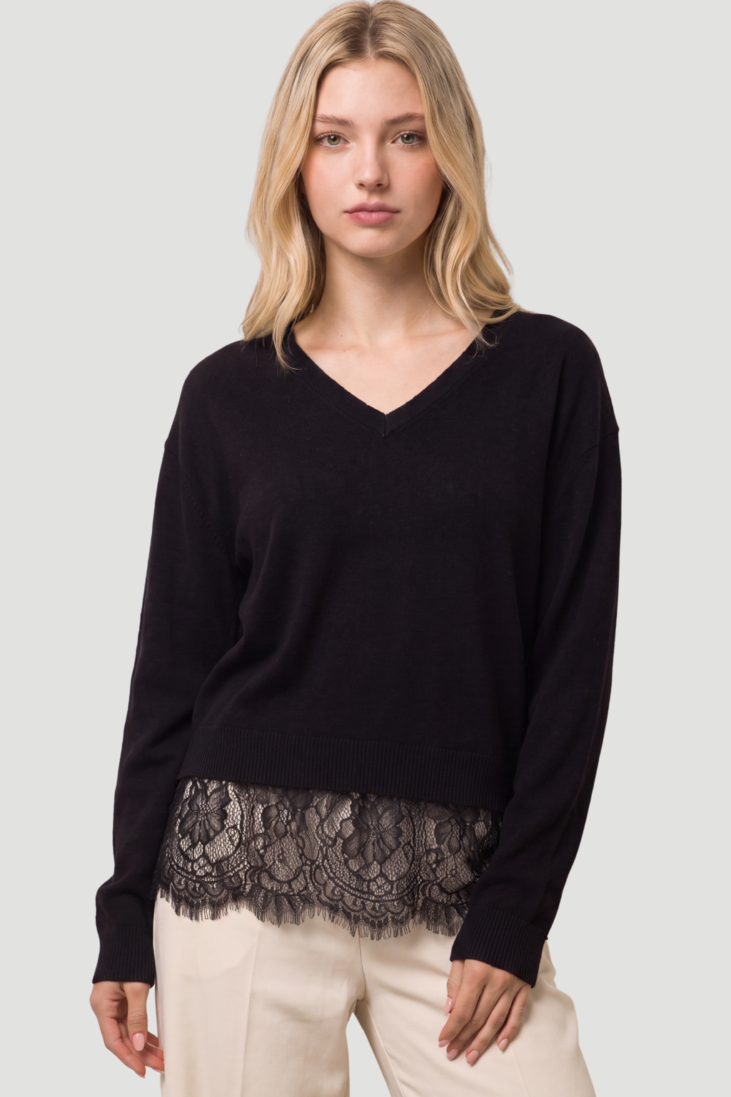 Lace Hem V-Neck Sweater