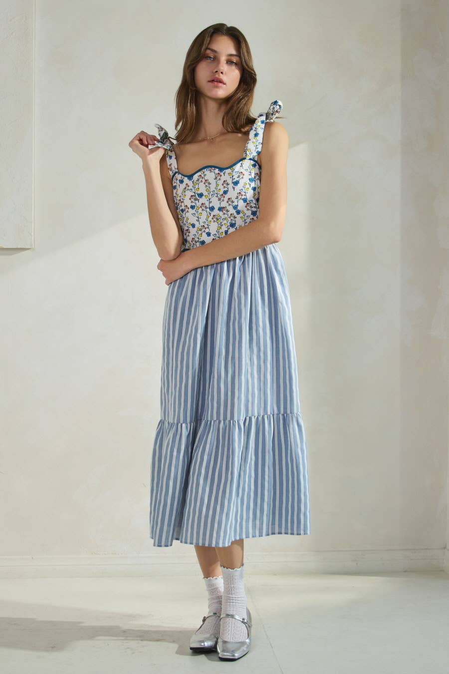 Elara Floral Stripe Midi Dress