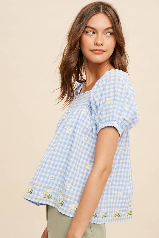 Gingham Embroidered Smock Blouse