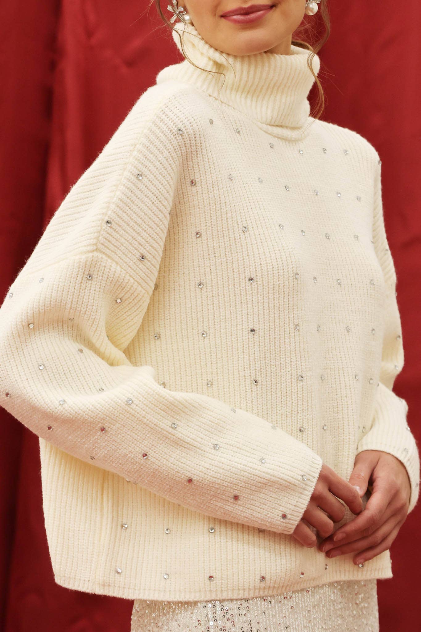 Rhinestone Turtleneck Knit Pullover Sweater