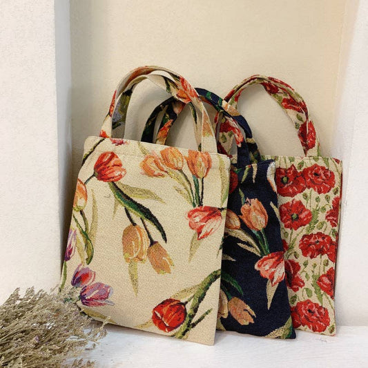 Vintage Colored Weave Floral Tote Bags