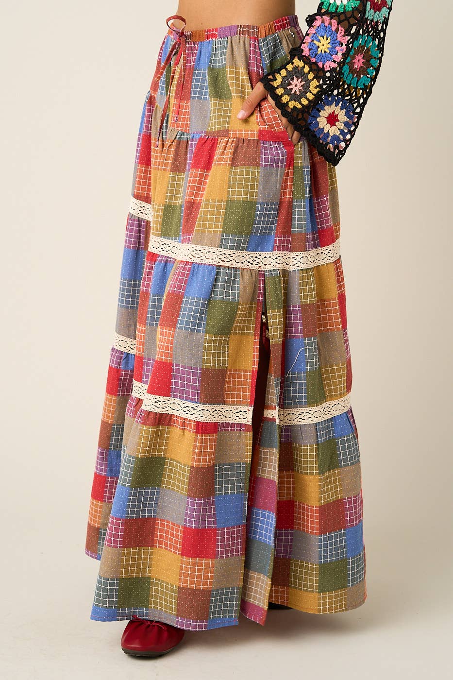 Multicolor Plaid Tiered Maxi Skirt