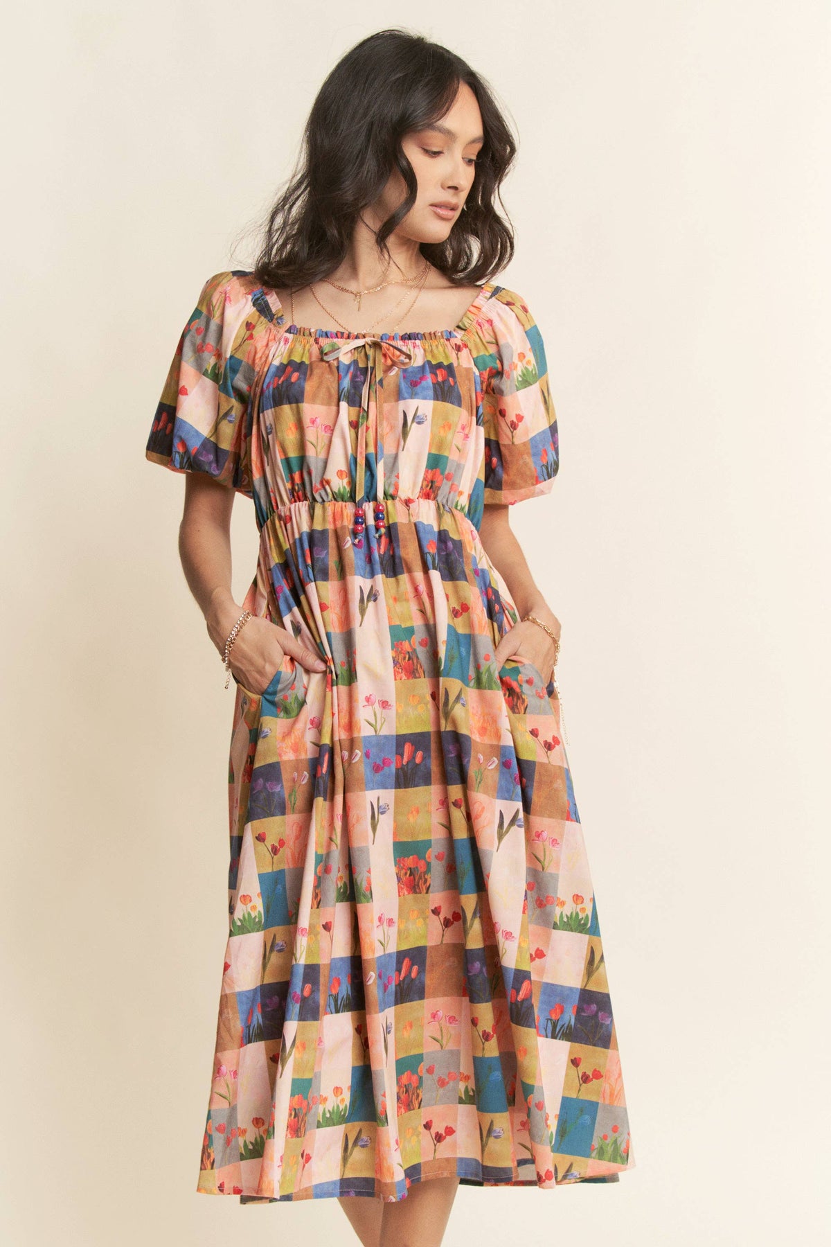 Checker Floral Midi Dress