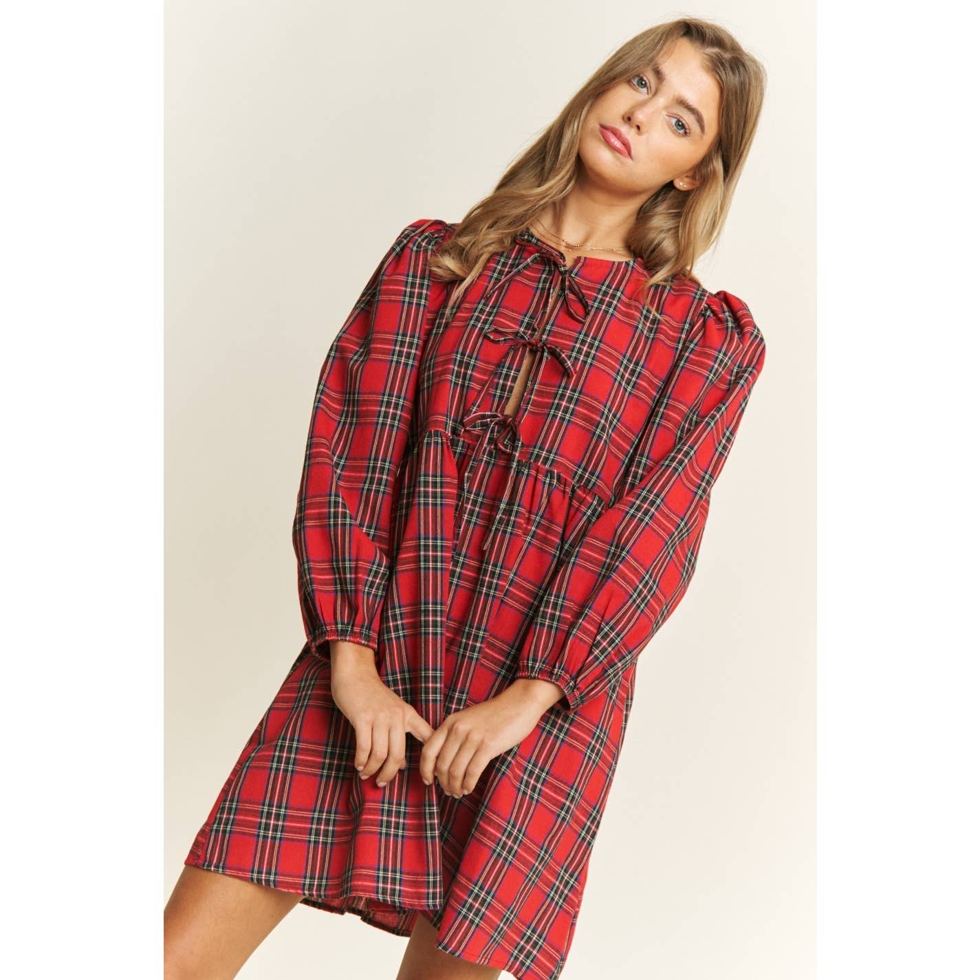 Soft Plaid Woven Babydoll Bow Mini Dress