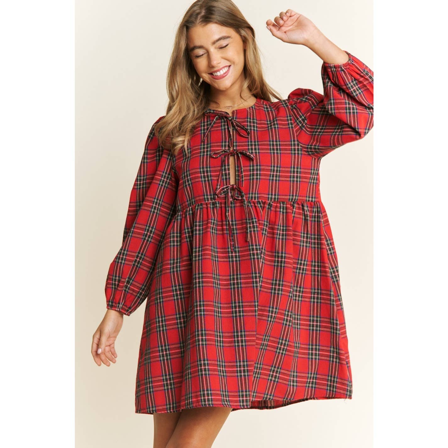 Soft Plaid Woven Babydoll Bow Mini Dress