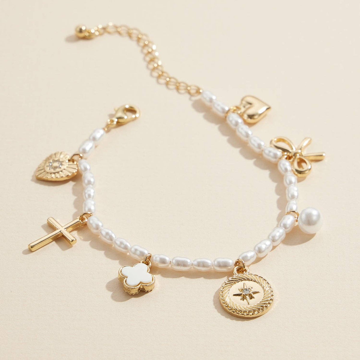 Pearl Charm Bracelet with Cross