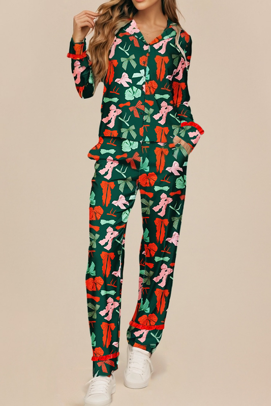 Bow Ruffle Trim 2pcs Pajama Set
