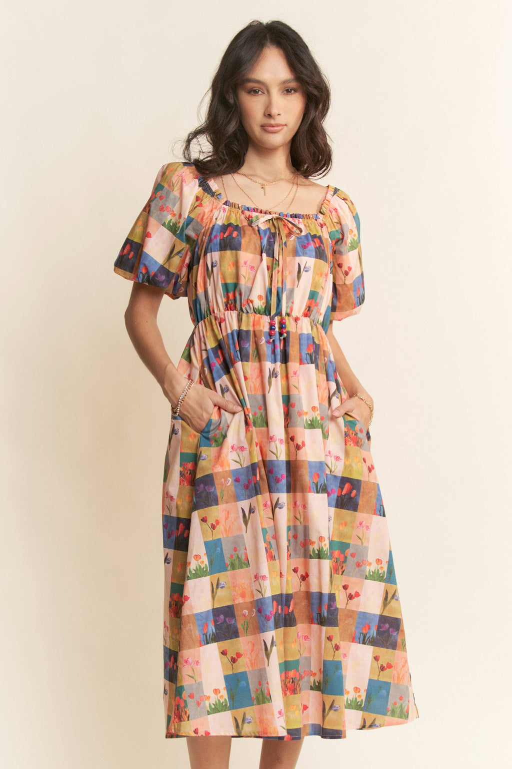 Checker Floral Midi Dress