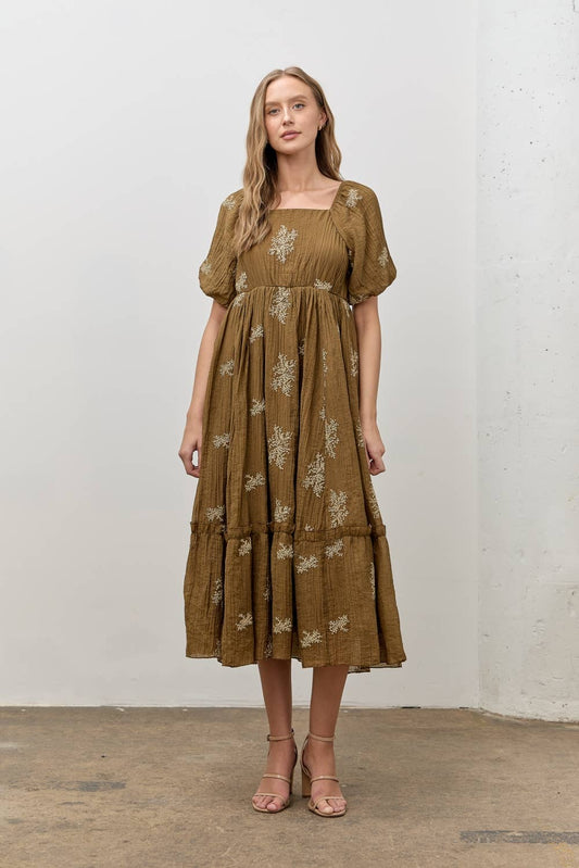 Isabella Embroidered Maxi Dress - Olive