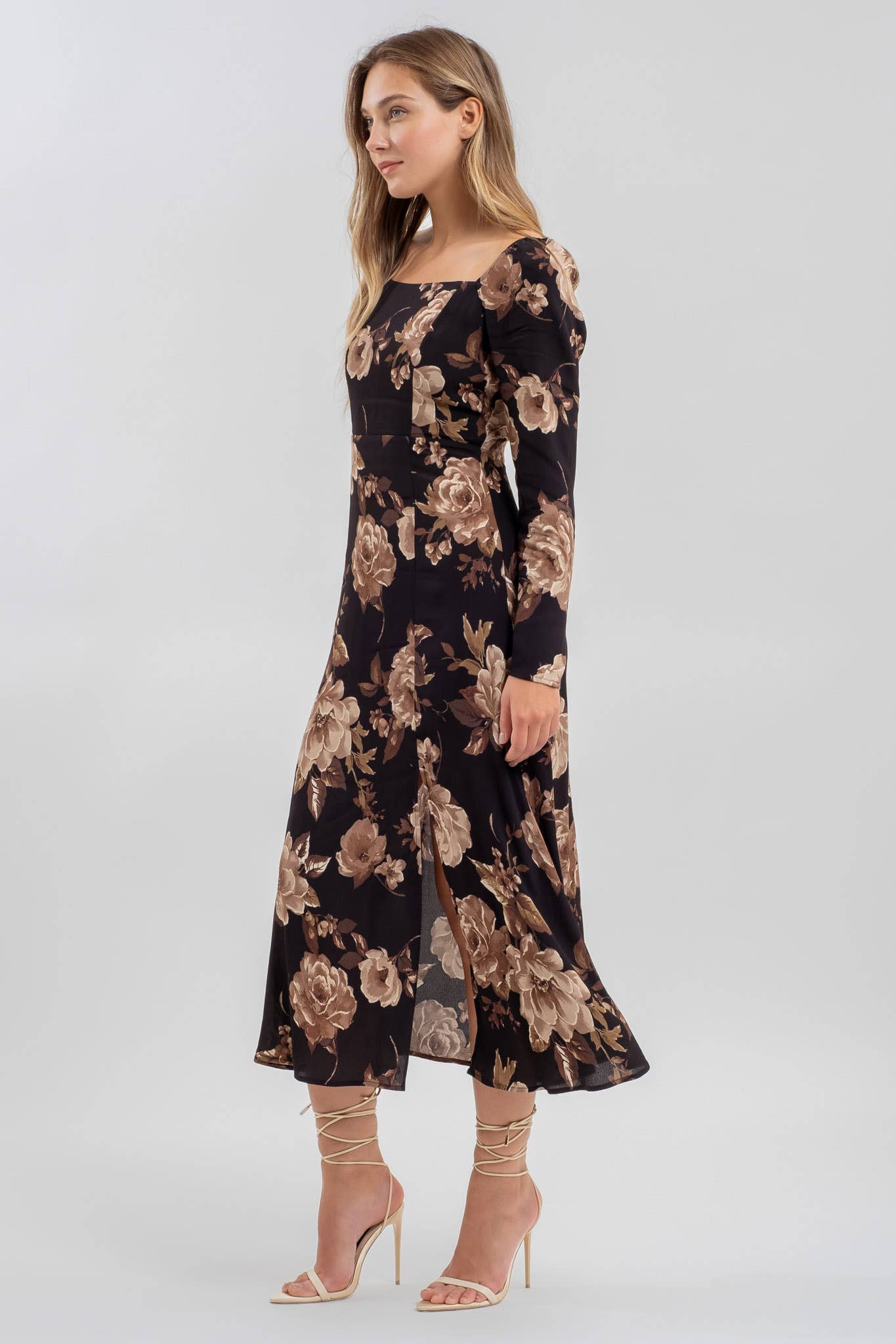 Fae Floral Square Neck Long Sleeve Midi Dress