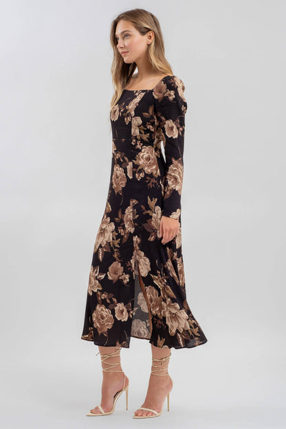 Fae Floral Square Neck Long Sleeve Midi Dress