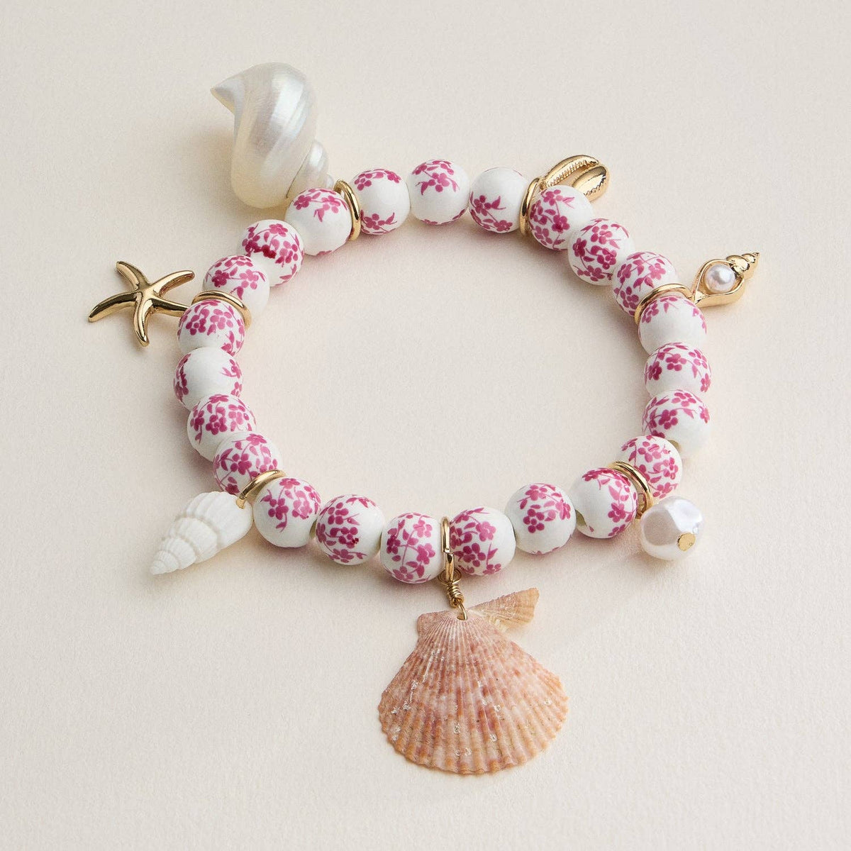 Floral Beaded Seashell Charm Bracelet