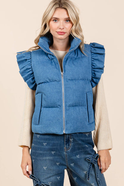 Dani Denim Ruffle Trim Puffer Vest