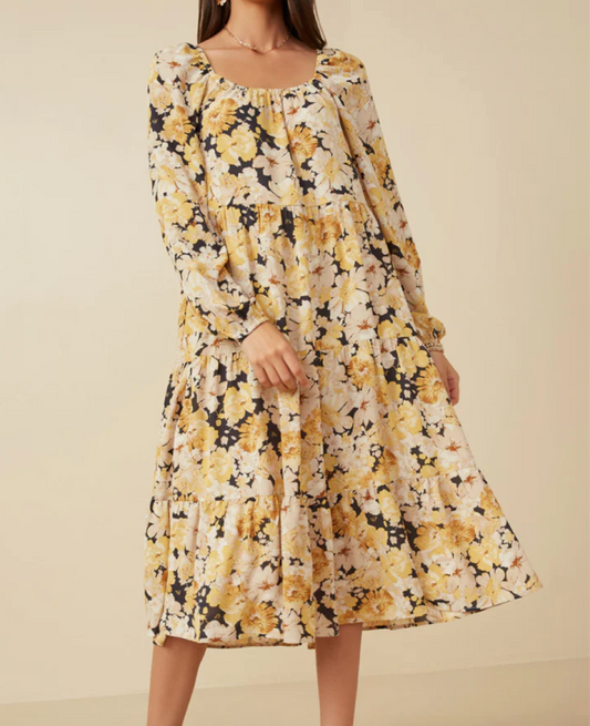 Hannah Floral Tiered Scoop Neck Long Sleeve Dress