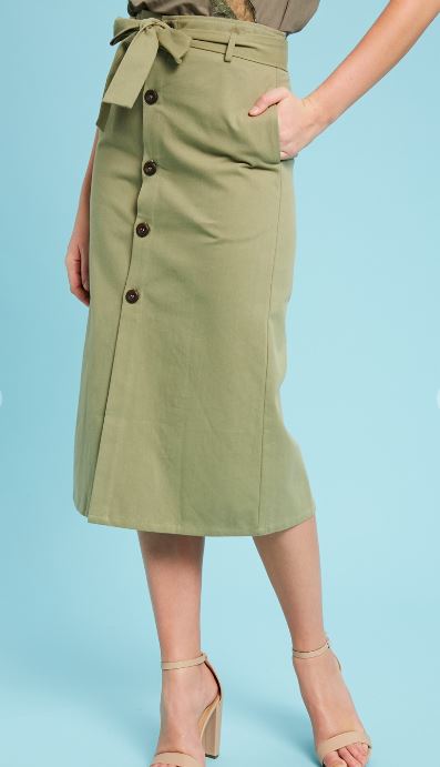 Button Down Waist Tie Midi Skirt